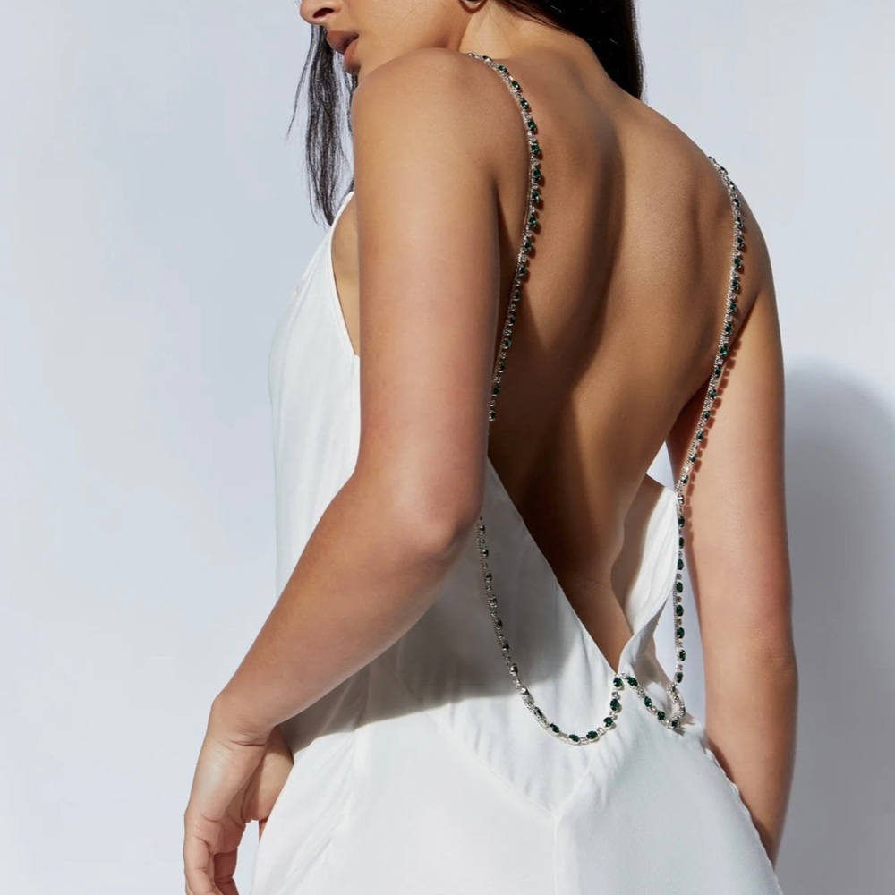 White midi satin dress w/ green jewel straps